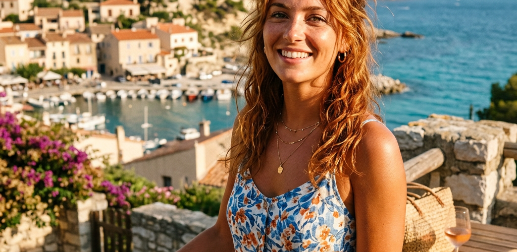 Smiling woman in floral dress overlooking a Mediterranean harbor