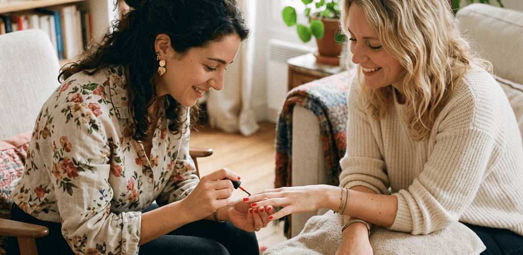 Woman painting another woman’s fingernails in a cozy living room