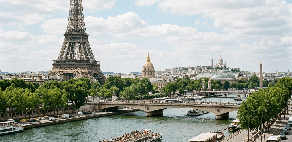 Eiffel Tower and Paris landmarks along the Seine River